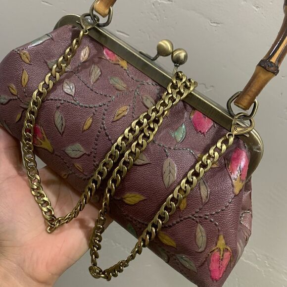 Handmade Genuine Leather Floral Embossed Real bamboo Handle Satchel/Crossbody - Picture 15 of 15